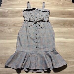 Apeach Plaid‎ Midi Dress Women Size M Grey Glen Check Button Front Ruffle Hem